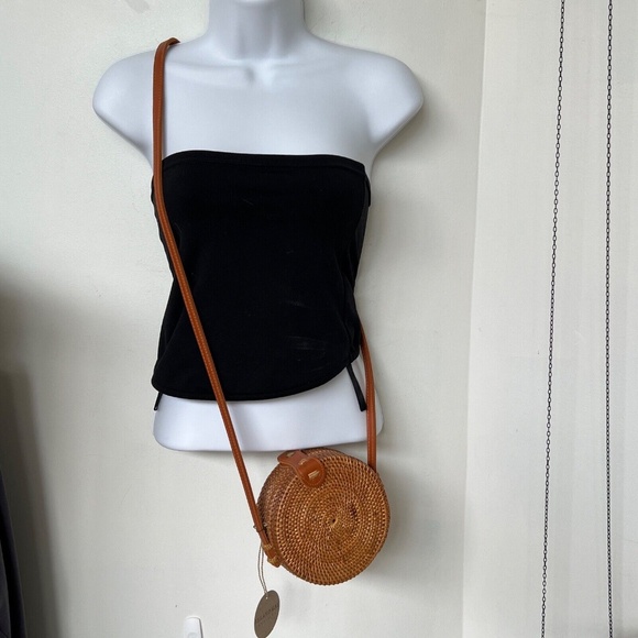 Rattan Woven Crossbody Bag Circle Round Long Strap Brown Island Gal New - Picture 7 of 9